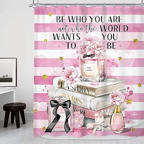 Riyidecor Fashion Pink Shower Curtain 72Wx72H Inch Modern Women White Striped Magazine Books Perfume Flower Inspirational Quotes Gold Dots Girl Bathroom Decor Fabric Polyester Waterproof 12 Pack Hooks Cover