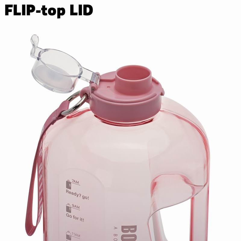 Image of 1 Gallon Water Jug with Flip-top Lid&Handle Strap, Leak-proof BPA Free Reusable Time Marker Reminder Large Capacity Water Bottle for Outdoor Sports Gym Hiking 128oz (Pink, 128 oz)