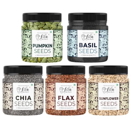 Image of LILA DRY FRUITS Pumpkin Sunflower Basil Chia Flax Seeds Combo Pack 100g x 5