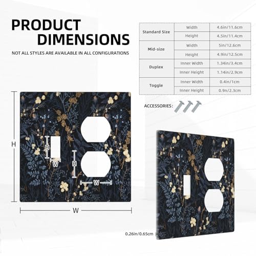 Decorative Outlet Covers Rustic Navy Dark Blue Leaves Golden Floral 2 Gang Outlet Cover Wall Plate Single Toggle Duplex Light Switch Cover Plate Switch Plate Covers for Bedroom Decor