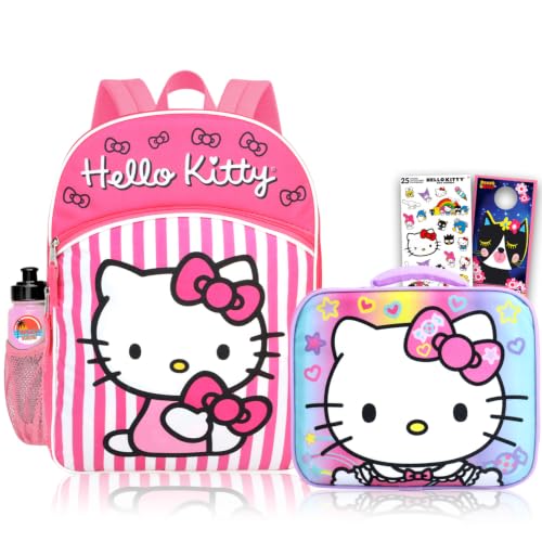 Hello Kitty Conjunto de mochila e lancheira – Pacote com mochila de 41 cm, lancheira, garrafa de água, adesivos, mais | Bolsa escolar Hello Kitty e lancheira para crianças, meninas