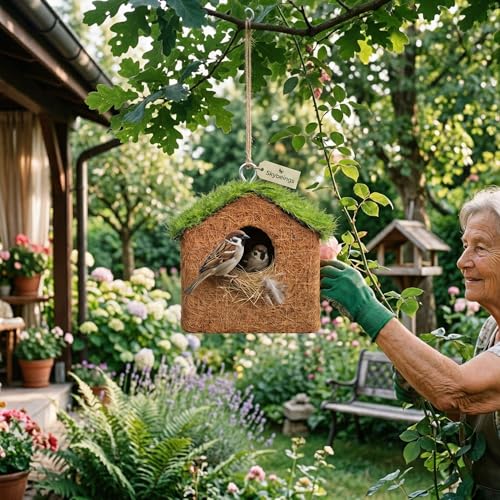 Image of Natural Coir Bird House for Outside, Eco-Friendly Woven Fiber Nesting Box for Sparrows & Small Birds, Decorative Hanging Bird Hut for Garden, Balcony (Pack of 2)