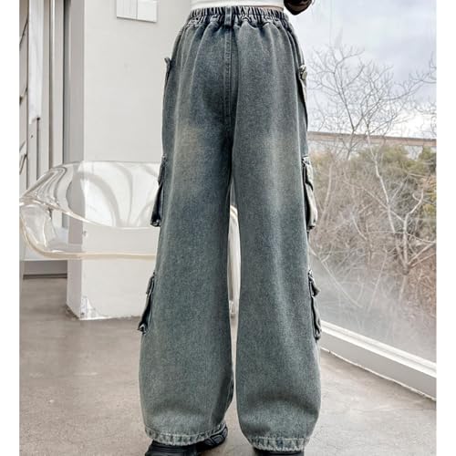 Spring Fashion Denim Cargo Pants for Girls Fashion Preppy Wide Leg Pants Lightweight Solid Color Jeans Multi Pockets3
