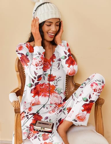 Image of Ekouaer Womens 2 Pack Pajama Set Long Sleeve Pajamas Top and Pants V Neck Pjs Set Soft Sleepwear Loungewear