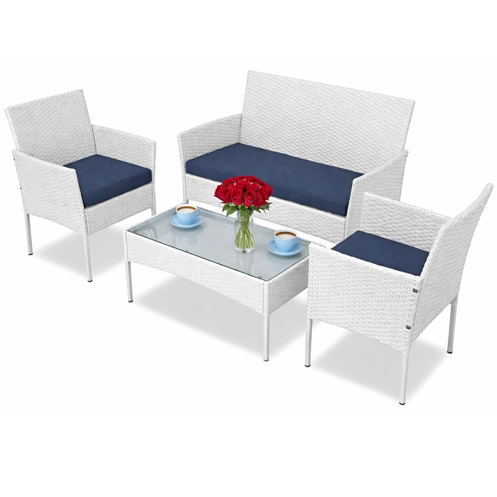 BAKAJI Juego Completo de salón de jardín con sofá, 2 sillones y Mesa con Estante de Cristal, salón de Exterior con Estructura de ratán sintético Blanco, Cojines desenfundables, terraza, balcón y Bar