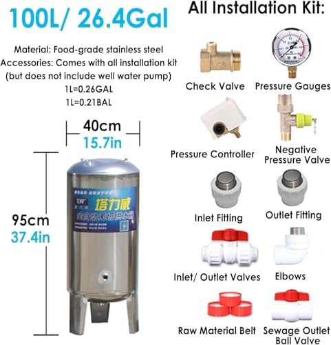 Pressurized Stainless Steel Water Tank for Deep Well Pump - 110 Gallon Well Pressure Tank with Installation Kit, Ideal for Home & Garden Water Storage Solutions
