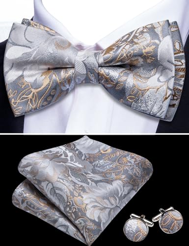 Image of Barry.Wang Paisley Striped Bow Tie for Men Silk Pre-Tied Bowtie Pocket Square Cufflinks Set Formal Wedding Party Prom