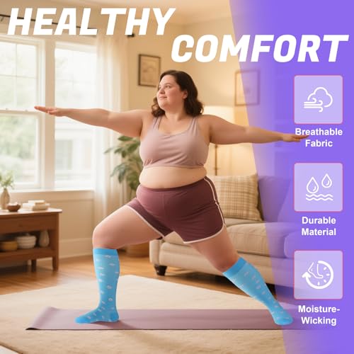 Image of 4 Pairs Plus Size Compression Socks,Extra Wide Calf 20-30 mmHg Knee High Compression Socks for Men Women Circulation