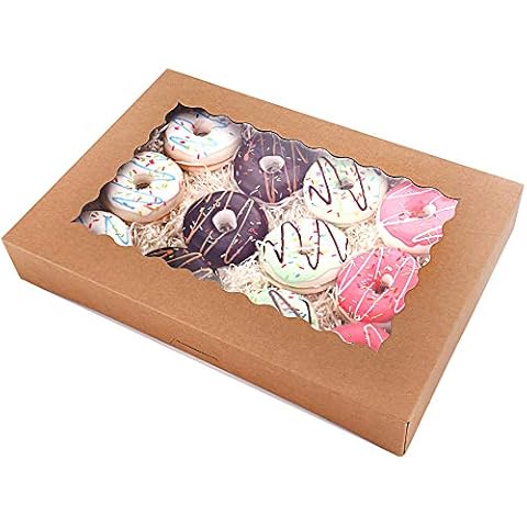 Tcoivs 20-Pack 16" x 11" x 2.5" Bakery Boxes with Window Hold 12 Donuts, Auto-Popup Large Cookie Boxes for Pies, Cakes, Muffins, and Pastries (Brown) Cover