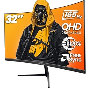CRUA 32″ Curved Gaming Monitor, 2K QHD 2560x1440P, 144Hz/165Hz Computer Monitors, 120% sRGB, FreeSync, Low Blue Light, 1800R VA Screen, HDMI 1.4/DP 1.2, Wall Mountable – Black
