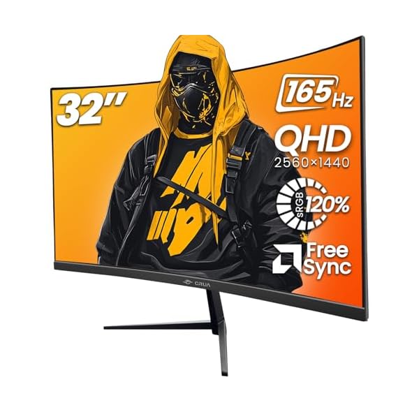 CRUA 32″ Curved Gaming Monitor, 2K QHD 2560x1440P, 144Hz/165Hz Computer Monitors, 120% sRGB, FreeSync, Low Blue Light, 1800R VA Screen, HDMI 1.4/DP 1.2, Wall Mountable – Black