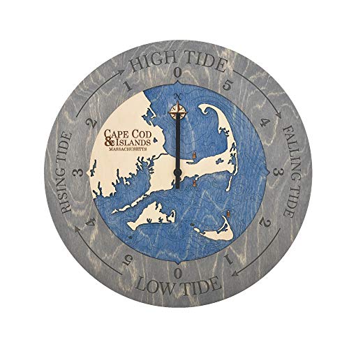 Sea & Soul Cape Cod 3D Wood Map Tide Clock, New England Tide Clock, East Coast Nautical Chart Tide Clock, Fisherman Gift, Sailor Gift, Coastal Decor, Nautical Decor (Driftwood/Deep Blue)