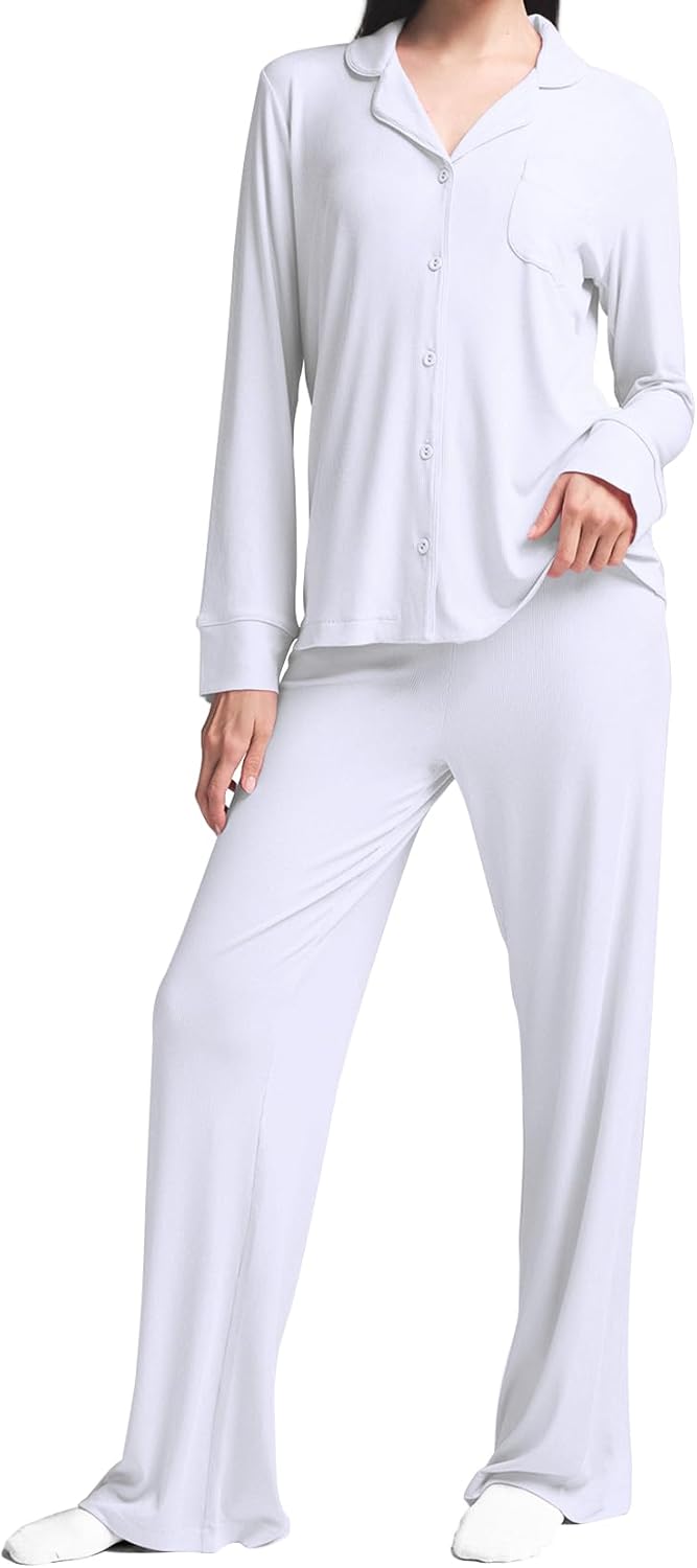 MANBEIYA Womens Pajama Sets 2 Piece Button Down Long Sleeve Soft Knitted Sleepwear Pjs Lounge Sets Nightwear