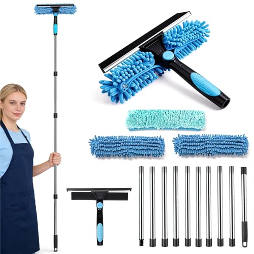 Limpiacristales Telescopico, 10 Palos, 0,13-4 m, Cabezal Giratorio 180°, Paños Repuesto, Chenilla y Cepillo, para Techos Terrazas, Invernaderos, Claraboyas, Grandes Superficies Acristaladas