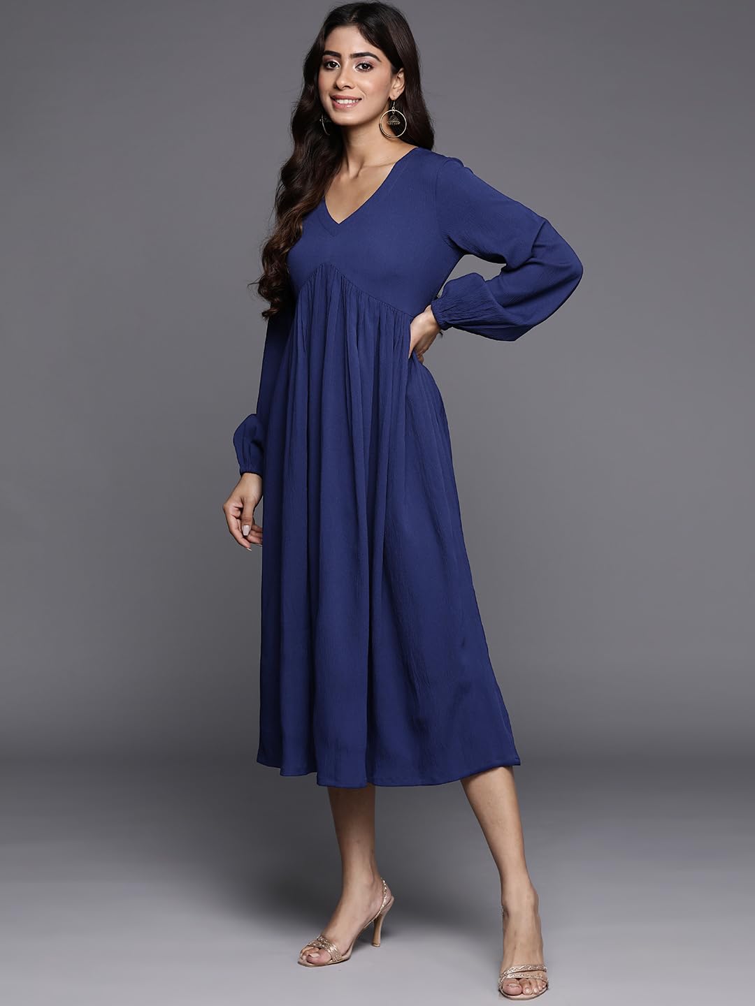 Varanga Women Blue V-Neck Bishop Sleeves A-Line Dress With Gathered Details And Flared Hem (Medium)