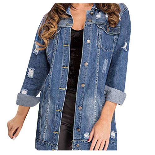 Yaseking Women's Long Style Ripped Denim Jeans Jacket Casual Long Sleeve Outfits Trench Coat (Blue, XXL)
