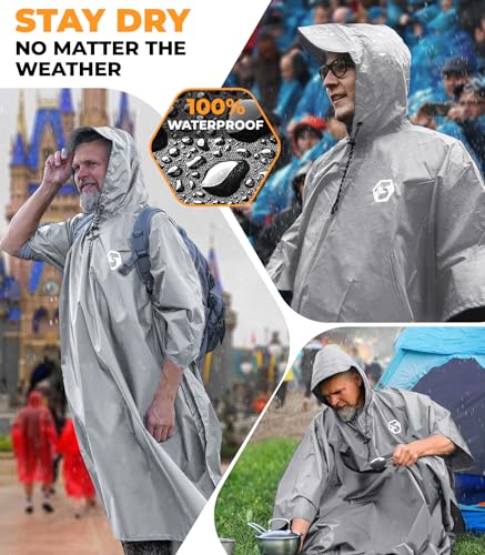 Image of Foxelli Rain Poncho for Adults - Extra Long Reusable Waterproof Raincoat with Hood, Lightweight for Hiking, Camping, Outdoors