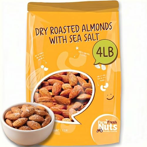 Image of Farm Fresh Nuts Roasted Salted Almonds (4LB) - Dry Roasted, Sea Salt | Kosher, Vegan, Keto Friendly, Whole California Almonds, Nonpareil Supreme, Dry Roasted Small Batch, Sea Salt, Bulk Value
