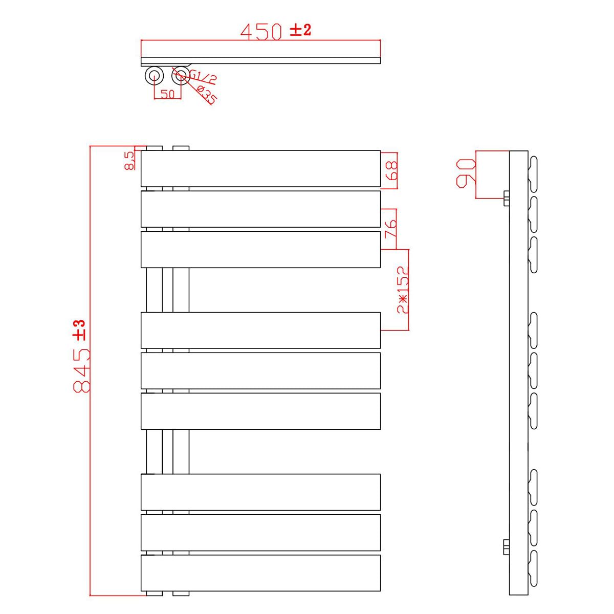 Radiador de baño, 845 x 450 mm, color blanco, toallero plano, conexión lateral, 389 W