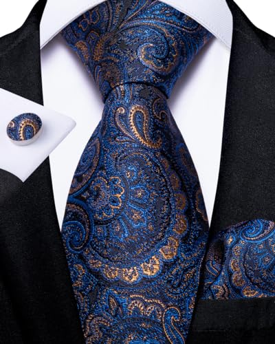 Image of DiBanGu Mens Zipper Ties Silk Adjustable Necktie Pocket Square | Paisley /Striped Pattern,Pre-tied Gift Tie Sets,Jacquard Woven,Pocket Square Cufflinks,Great for Formal & Business Wedding