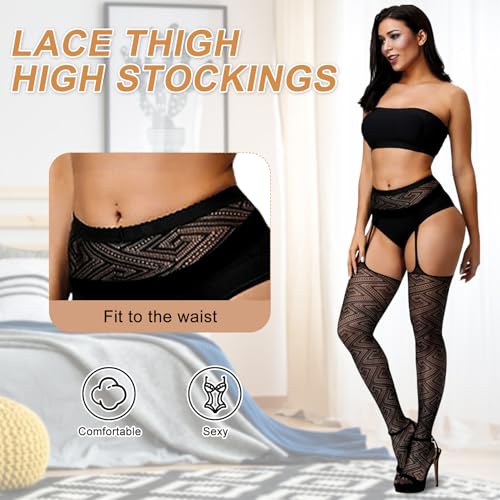 Image of Chalier Fishnet Stockings Lace Tights Thigh High Stockings for Women | Soft Elastic Blend, High Waisted, Suspender Pantyhose, Snug Body Hug, Classic Pattern, Skirt Shorts Match, Party Night Wear