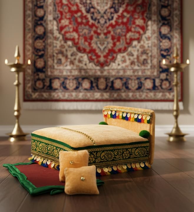 Image of RD Handicraft Thakur ji Bed, Laddu Gopal ji Bed, Bal Gopal ji Bed with Blanket Silk All Purpose Bed |Peach (17x16x10 cm)