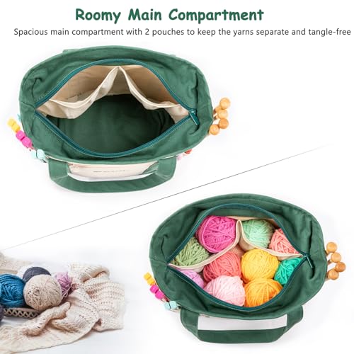 Image of MYBAGZING Canvas Yarn Storage Organizer Bag Washable Crochet Bag with Pockets for Yarn, Hooks, Needles - Travel Knitting Tote for Crafters - Gift for Crocheters & Knitters (Medium /Large)