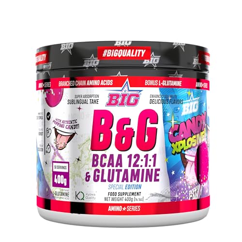 BIG - BCAA Glutamina Micronizada Kyowa - BCAA & Glutamina Materia Prima Premium - Rendimiento y Recuperación - BCCAs con L-Glutamina - BCCAs Aminoacidos - Sabores Exclusivos (400g, Candy Explosive)