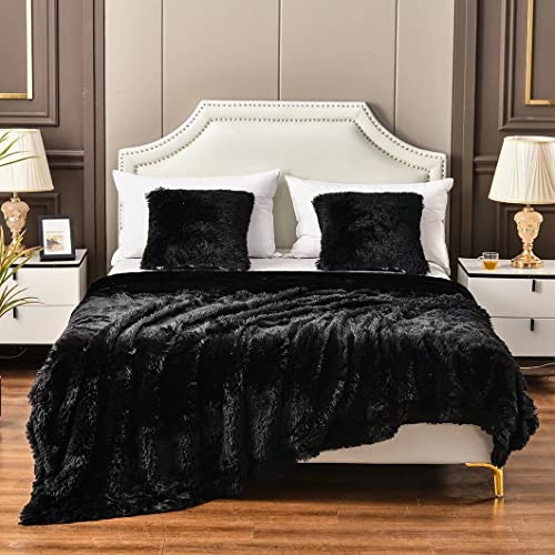 YUSOKI Black Queen Faux Fur Blanket,2 Layers,90"x90" Without Pillows Big Soft Plush Fuzzy Large Warm Fluffy Throw Blanket for Bed