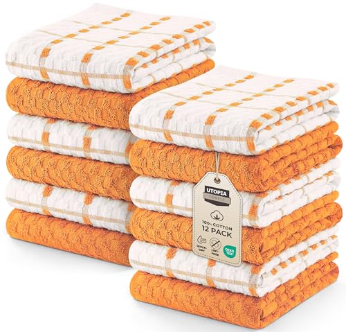 Utopia Towels Toallas de Cocina, 38 x 64 cm, 100% algodón Hilado en Anillo, Toallas de Plato súper Suaves y absorbentes, Toallas de té y Toallas de Barra, (Paquete de 12) (Naranja y Blanco)