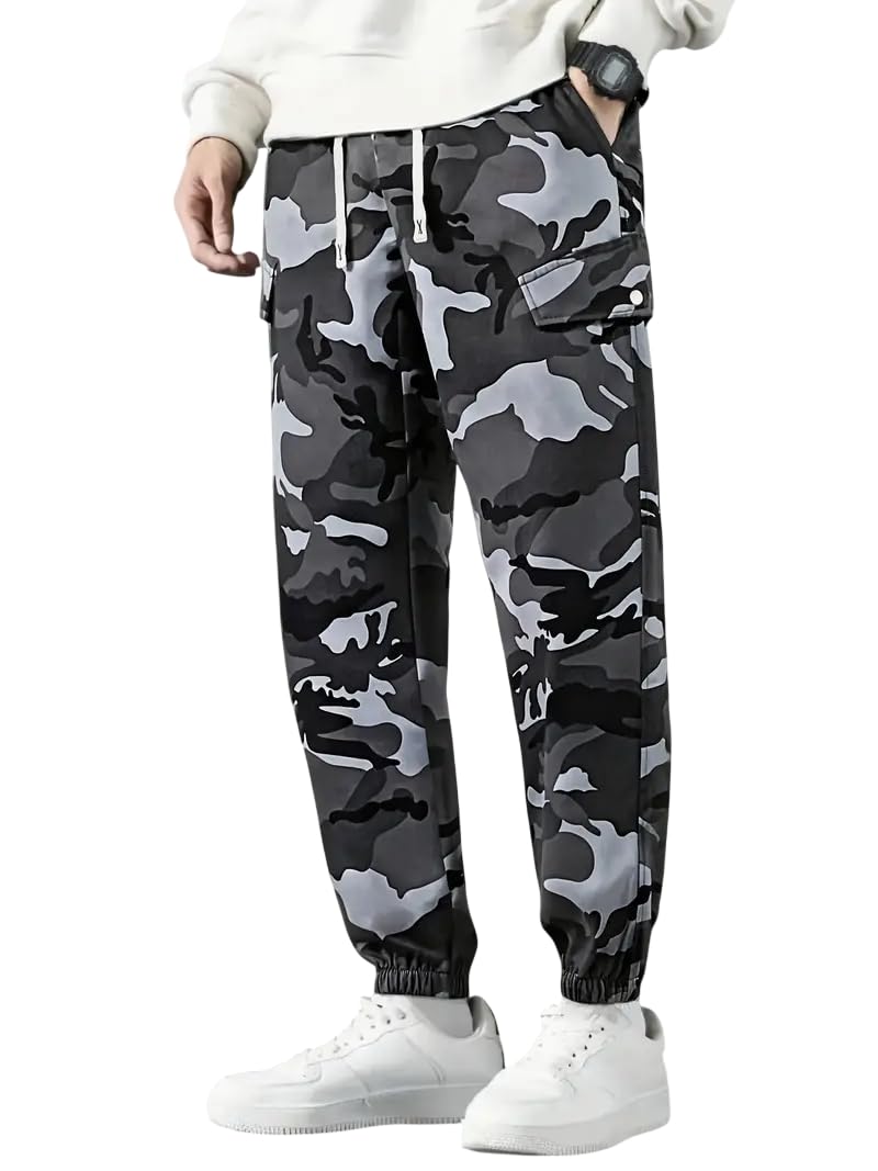 Tokyo Talkies Menâ€™s Camouflage Cargo Jogger Pants | Cotton Blend Army Print Track Pants | Elastic Waist Slim Fit Casual Trousers with Pockets in neutral