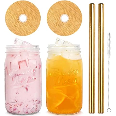 Mason Jar with Lid and Straw, 32oz Wide Mouth Mason Jar Drinking Glasses with Bamboo Lid and Stainless Steel Straw, Reusable Boba Cup Iced Coffee Cups Wide Mouth Smoothie,2 Set Cover