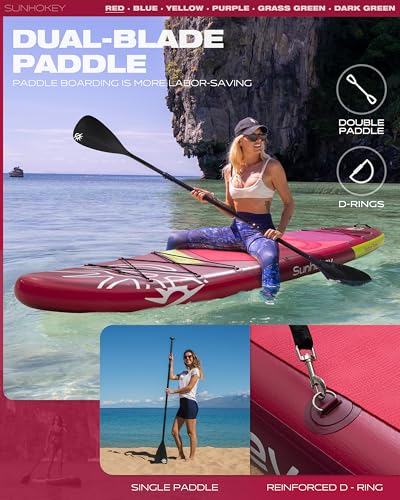 SUNHOKEY 11\'×34\'\' Extra Wide Inflatable Paddle Board with Seam Welded Technology, Stand Up Paddle Board, 420lb Capacity for Adults, Sup Board for All-Level with 2-Blade Paddle/Dual-Action Pump/Leash