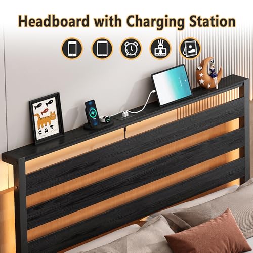 Image of CLIBFENG Bed Frame Twin Size with USB Charging Station, LED Bed Frame with Wood Storage Headboard, Black Metal Platform Bed with Under Bed Storage, No Box Spring Needed, Noise Free