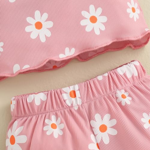 Image of Ayalinggo Baby Girl Summer Outfits Short Sleeve Lettuce Trim Floral Tops + Shorts Set Infant Clothes
