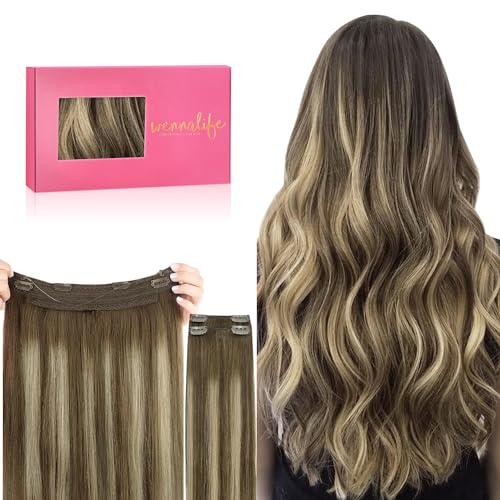 Image of WENNALIFE Wire Hair Extensions Real Human Hair 18 inch 125g Balayage Chocolate Brown to Honey Blonde Remy Real Hair Extensions Invisible Wire Human Hair Fish Line