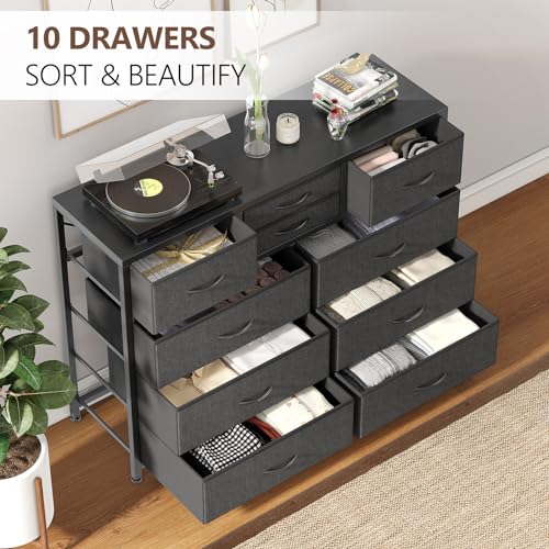Jojoka Wide 10 Drawer Dresser,TV Stand Entertainment Center Fabric Storage Dressers Drawers for Bedroom, Hallway, Nursery, Closets, Steel Frame, Wood Top, Black_1