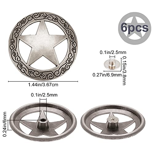 GORGECRAFT 1 Box 6 Sets Screw Back Button Engraved Star Concho Hollow Out Decorative Buttons Round Vintage Silver Metal Tack Buckle Replacement Castings Western Rodeo DIY Leather Craft - Image 2