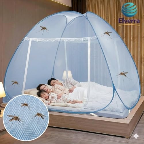 Image of Premium Mosquito Net for King Size Double Bed (6X 6 Feet), Easy Foldable Machardani with Corrosion Resistant PVC Coated Steel Frame, 30GSM 50 Denier Mesh (Full Light Blue)
