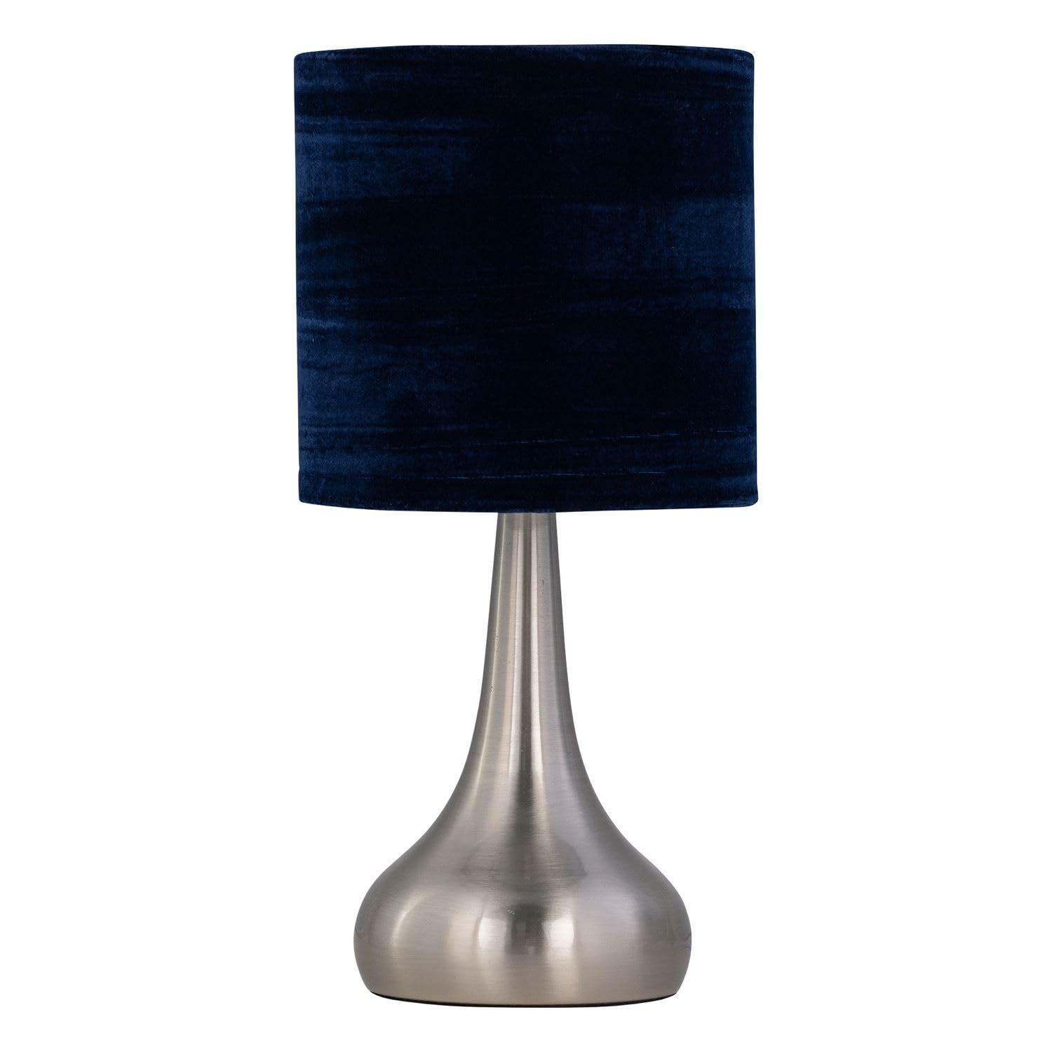 firstchoicelighting Brushed Chrome Touch Operated Table Lamp or Bedside Light, Modern Design, Height 36cm, Navy Blue Crushed Velvet Shade, LED Compatible