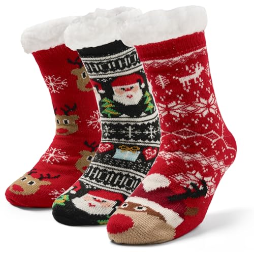 Moon Tree Women Fuzzy Socks - Thick Winter Warm With Grips, Thermal Lined Fluffy Xmas for Home - 3 Pack
