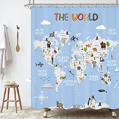 KOMLLEX Kids Educational World Map Shower Curtain for Bathroom Decor 60Wx72H Inches Cartoon Animals Education Nursery Boys Girls Children Fabric Waterproof Polyester 12 Pack Hooks Cover