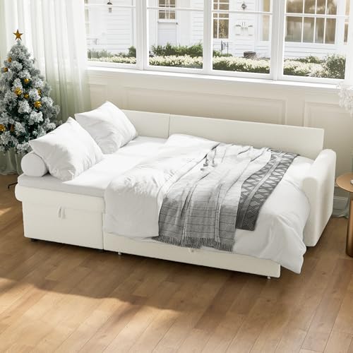 IULULU Sleeper Sofa, L Shaped Boucle Sectional Couch with Pullout Bed, Reversible Storage Chaise, 2 in 1 Pull Out Couches for Living Room, Apartment, Off White - Thumbnail 7