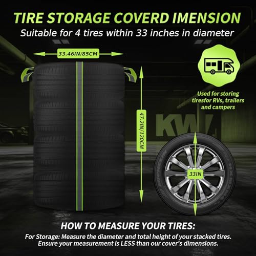 Image of Tire Cover for Storage, 420D Oxford Waterproof Up to 33in Tire Bag with Reflective Handles, Fits 4 Tires Storage Bag with Zipper & Drawstring Lock for UV Protection, Dirt-Resistant