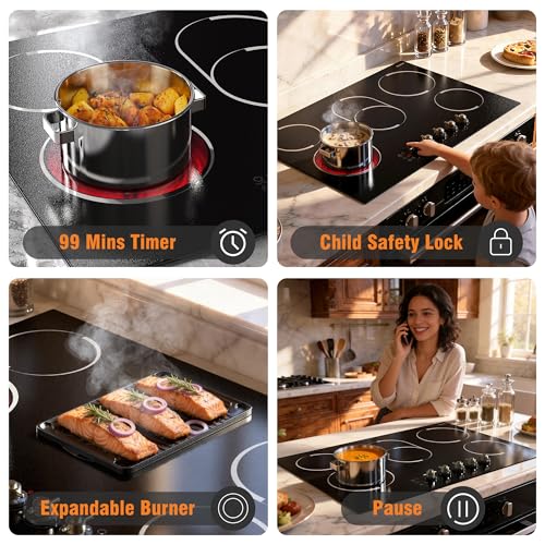 Image of Electric Cooktop 30 Inch(Cut-out Size: 29.13 inchx19.3 inch) - 8400W High Power 5 Burners Electric Stove, Built-in 30 Inch Burner Knob Control, Timer, Safety Lock, 240V Hard Wired (No Plug)