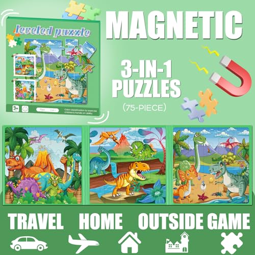Image of Magnetic Puzzles for Toddlers 3-5 Dinosaur Puzzle Travel Toys for Kids | Jigsaw Puzzles for Kids 75-Pieces Travel Toys Dinosaur Puzzles Ages 4-6 Road Car Trip & Airplane