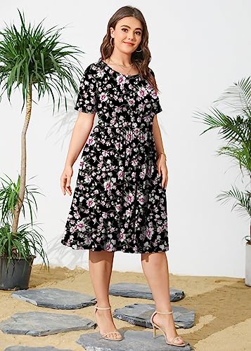 Image of POSESHE Womens Plus Size Summer Dress 2026 Casual Short Sleeve Empire Waist Loose Fit Swing T-Shirt Dress with Pockets