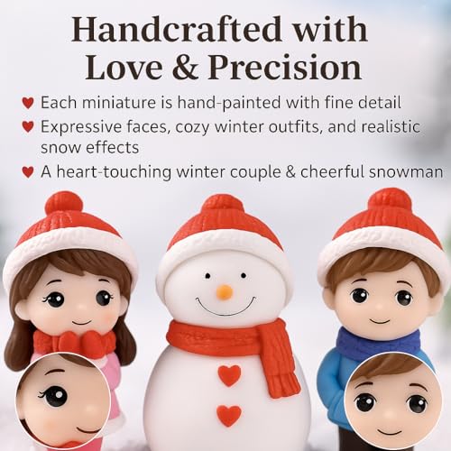 Image of VAYINATO (3 Pcs Resin Winter Couple & Snowman Miniature Figurines - Handcrafted Christmas Mini Scene Decor | Festive Tabletop, Car, or Shelf Display | Cute Valentine's Day