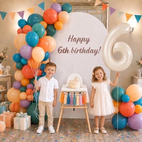 Image of 40 Inch Boho Rainbow Number 6 Balloon Tower for 6th Birthday Decorations