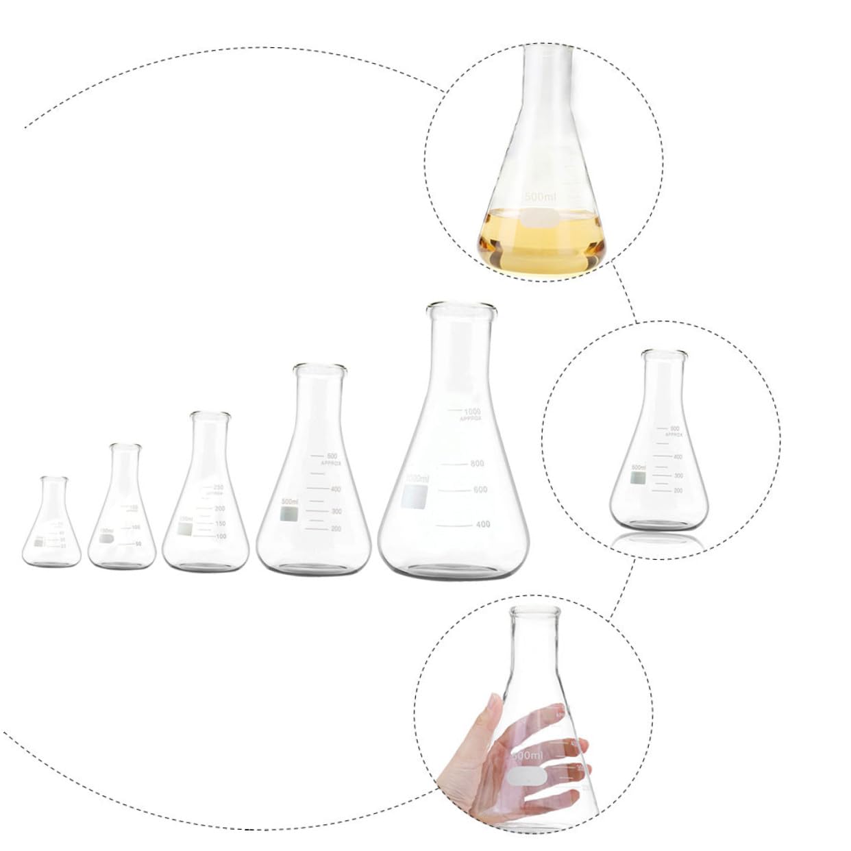 CLISPEED Set 5 Pezzi Beuta Conica in Vetro Borosilicato Collo Largo, Fondo Piatto e Marcatura Extra-large, Resistente a Cambi di Temperatura per Ricerca e Istruzione